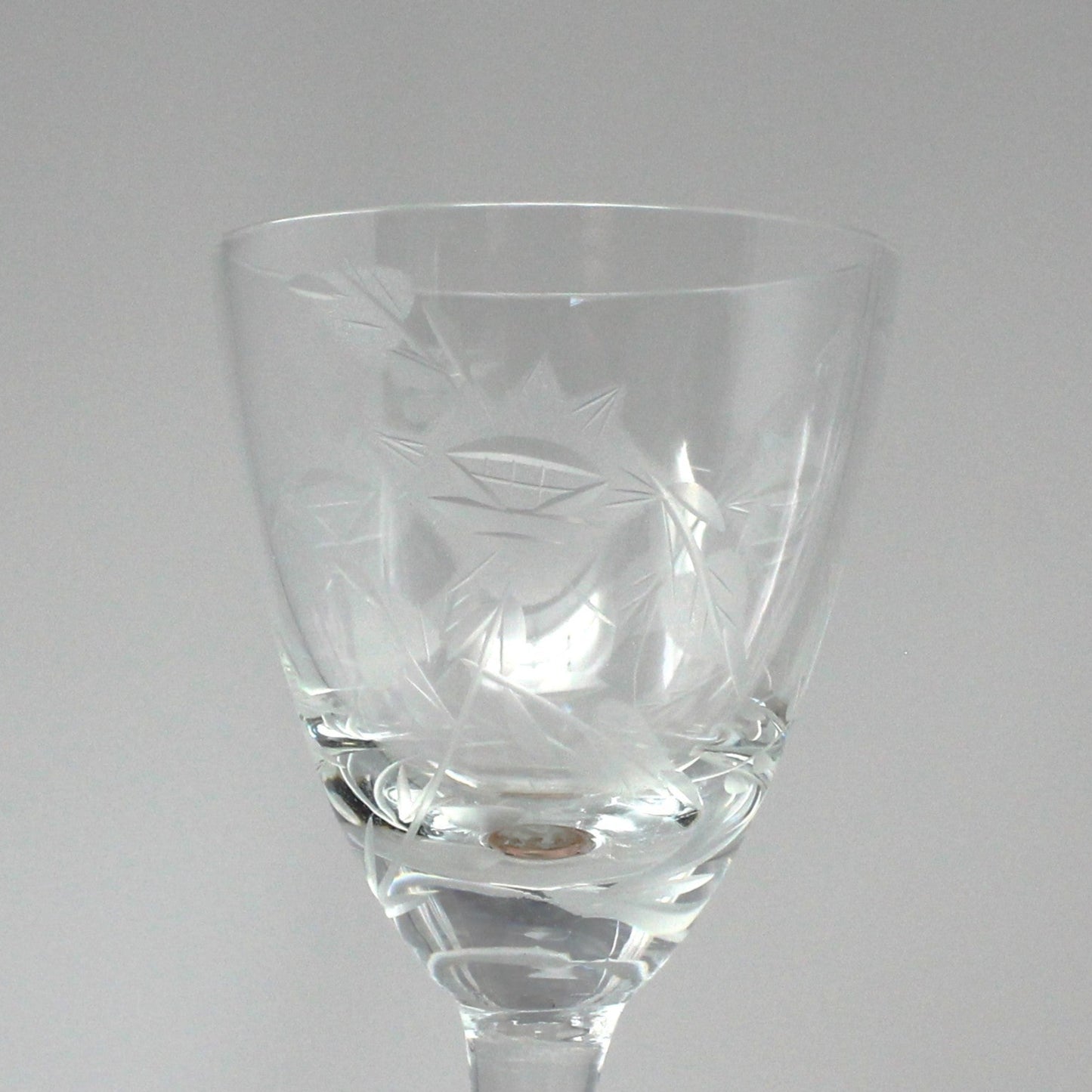 Glasses, Cocktail / Sherry / Liqueur Glasses, Blown Glass, Etched Florals & Leaves, Set of 4, Toscany, Vintage Romania