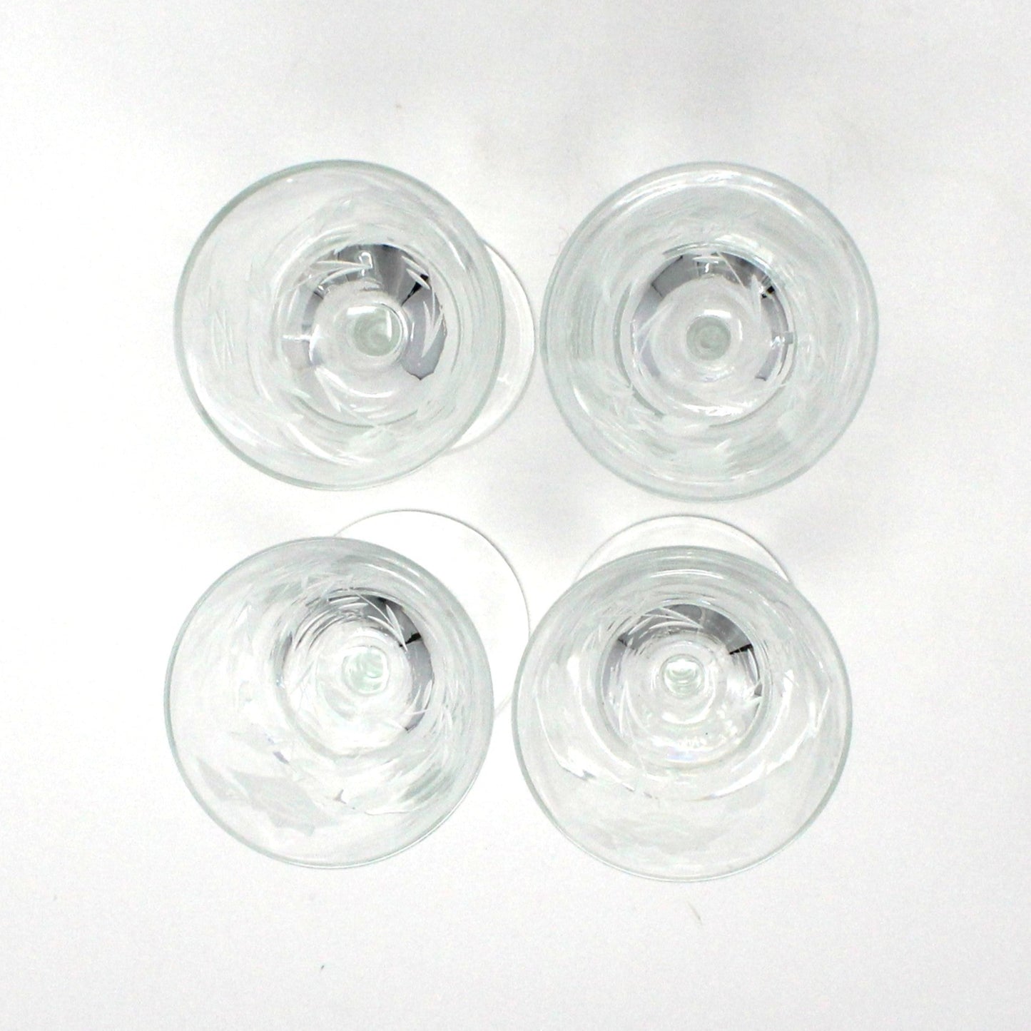 Glasses, Cocktail / Sherry / Liqueur Glasses, Blown Glass, Etched Florals & Leaves, Set of 4, Toscany, Vintage Romania
