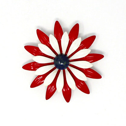 Brooch / Pin, Red, White and Blue Enamel Flower Pin, Double Petals, Vintage