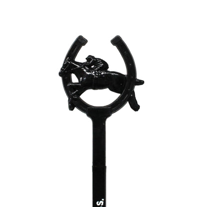 A black plastic swizzle stick with a horse and horseshoe design, likely made in the 1960s.