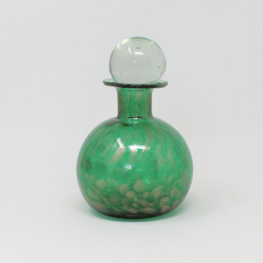 Perfume Bottle with Stopper, Murano Glass, Green & Avventurina Gold, Vintage