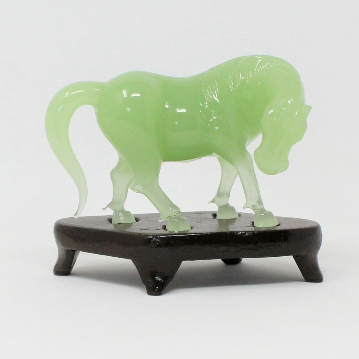 Sculpture: Jade Asian Horse Statue, Carved Green Jade on Wood Stand, China, Vintage 1960s - SOLD