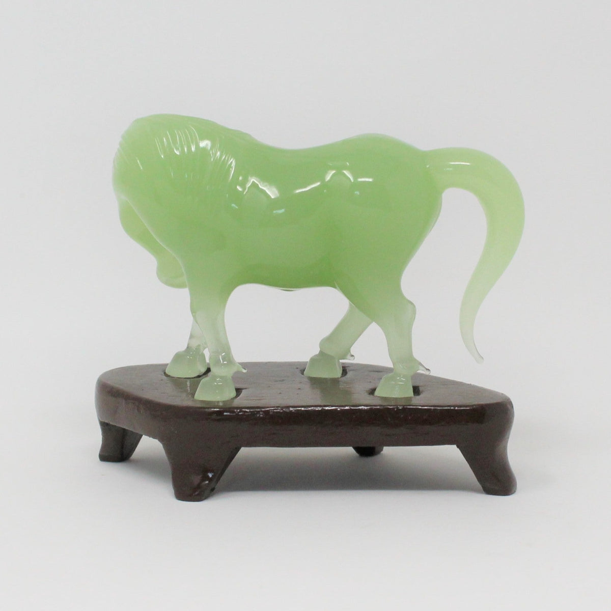 Sculpture: Jade Asian Horse Statue, Carved Green Jade on Wood Stand, China, Vintage 1960s - SOLD