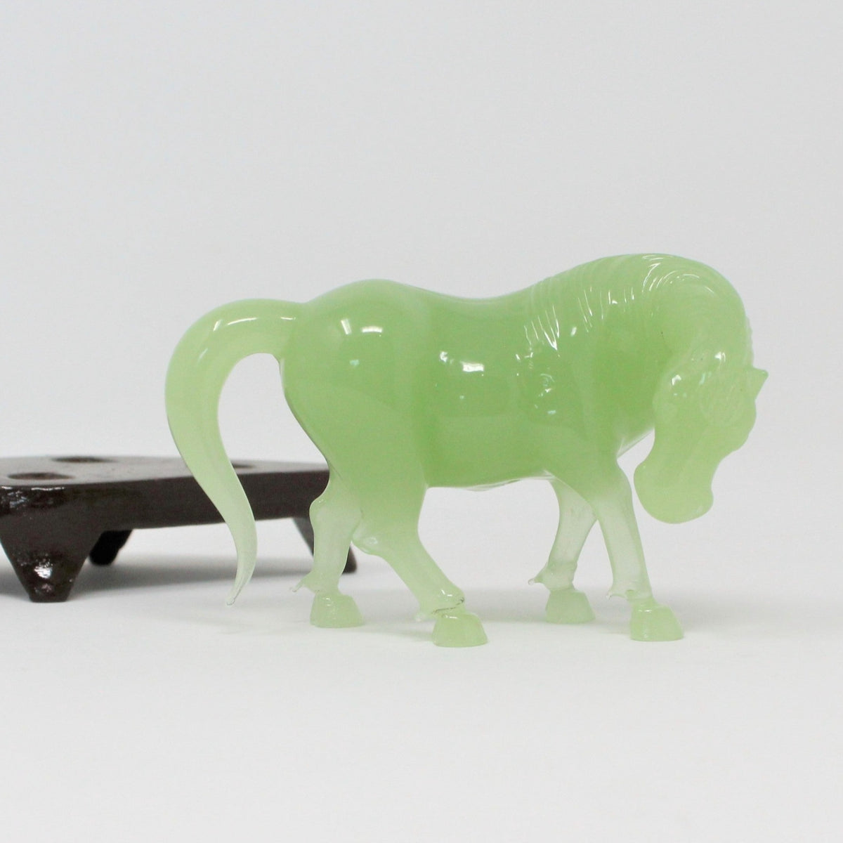 Sculpture: Jade Asian Horse Statue, Carved Green Jade on Wood Stand, China, Vintage 1960s - SOLD