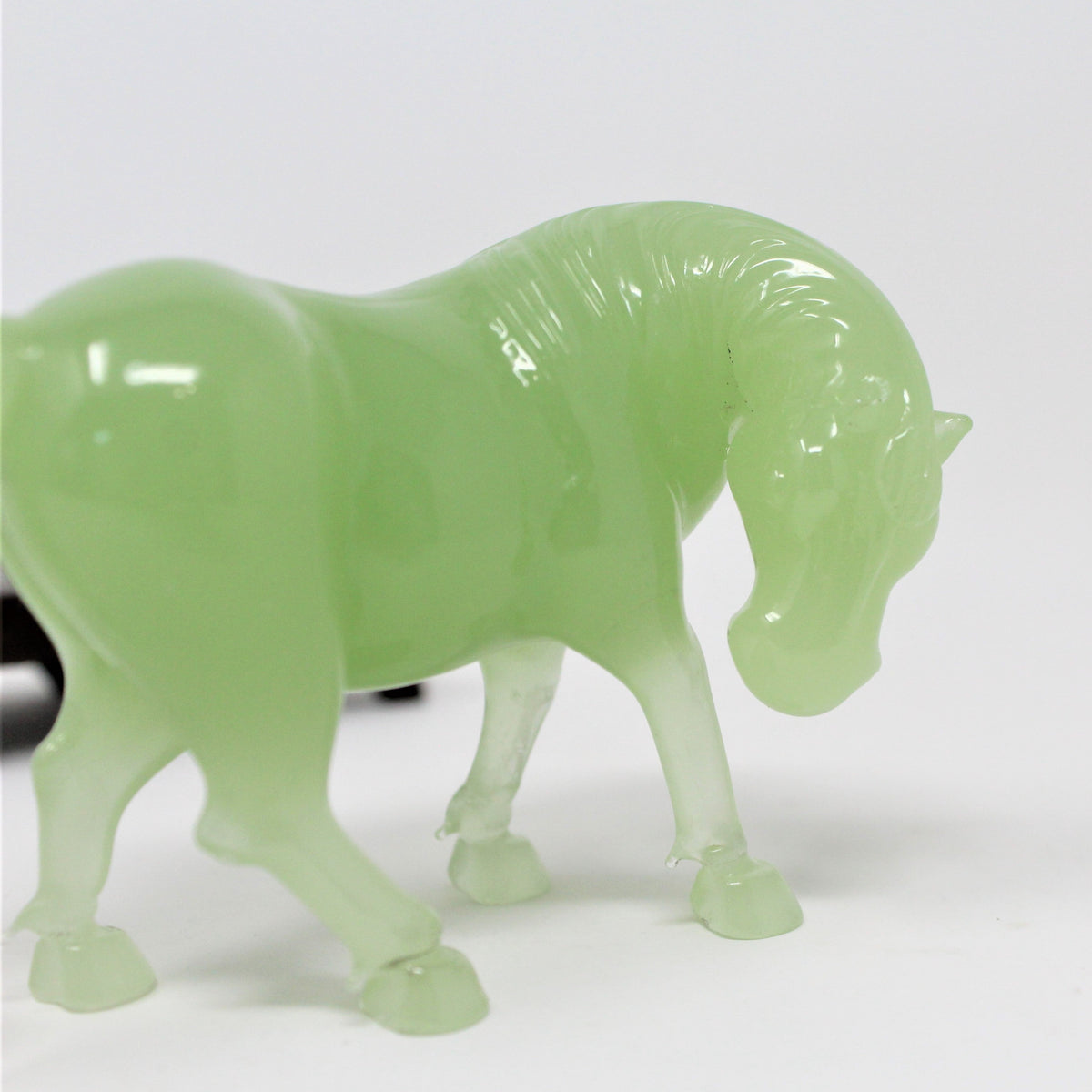 Sculpture: Jade Asian Horse Statue, Carved Green Jade on Wood Stand, China, Vintage 1960s - SOLD