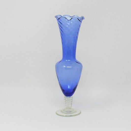 Bud Vase, Hand Blown Blue Glass, Ruffled Rim Art Glass Vase & Twisted Clear Foot, Vintage