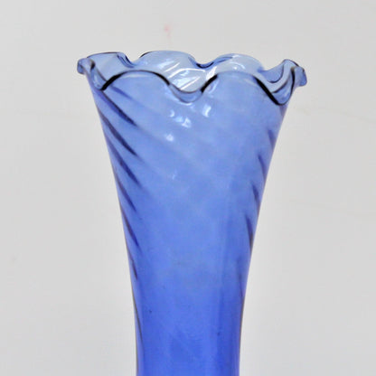 Bud Vase, Hand Blown Blue Glass, Ruffled Rim Art Glass Vase & Twisted Clear Foot, Vintage