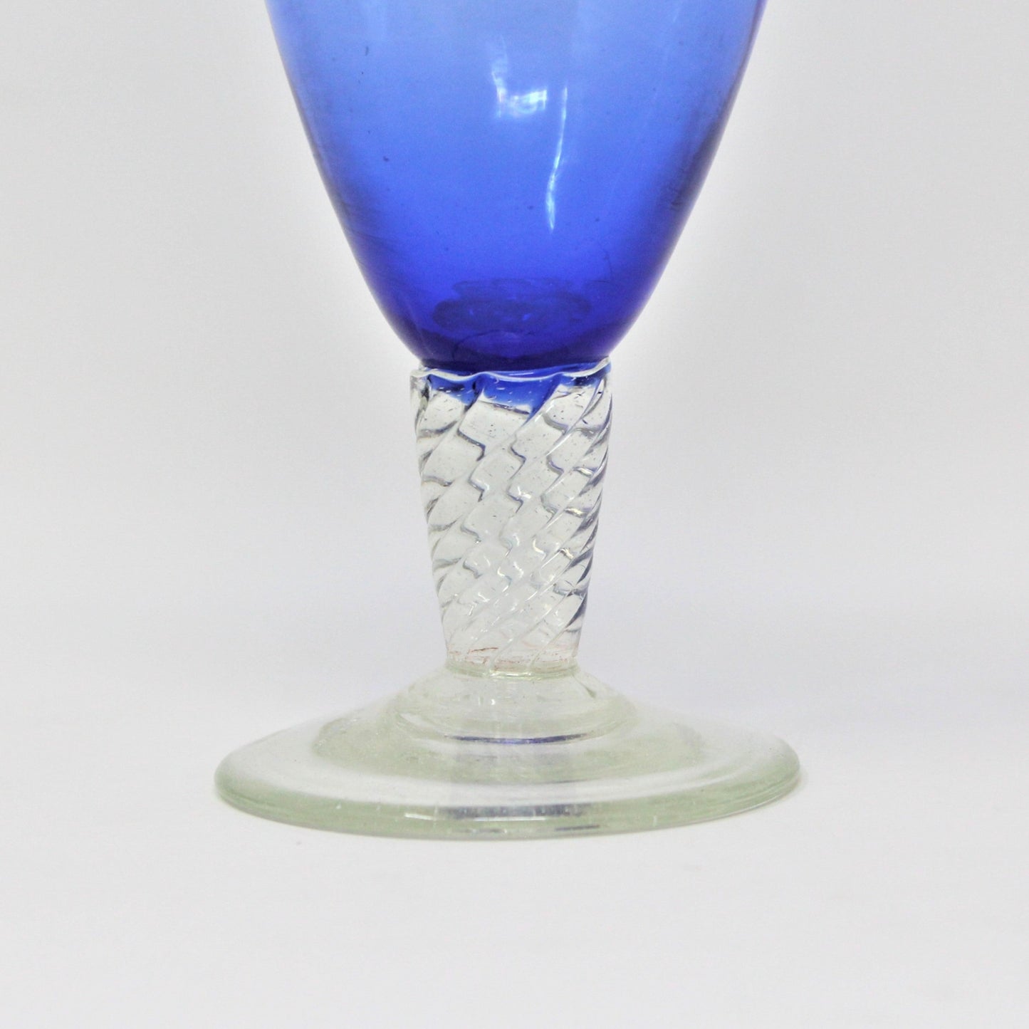 Bud Vase, Hand Blown Blue Glass, Ruffled Rim Art Glass Vase & Twisted Clear Foot, Vintage