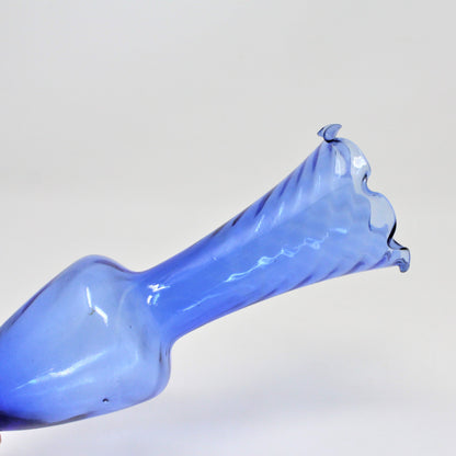 Bud Vase, Hand Blown Blue Glass, Ruffled Rim Art Glass Vase & Twisted Clear Foot, Vintage