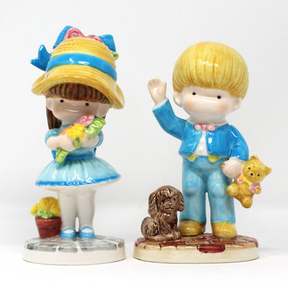Figurines, Joan Walsh Anglund, Boy and Girl, 1981, Set of 2, Flower Girl, Teddy Bear Boy, Vintage