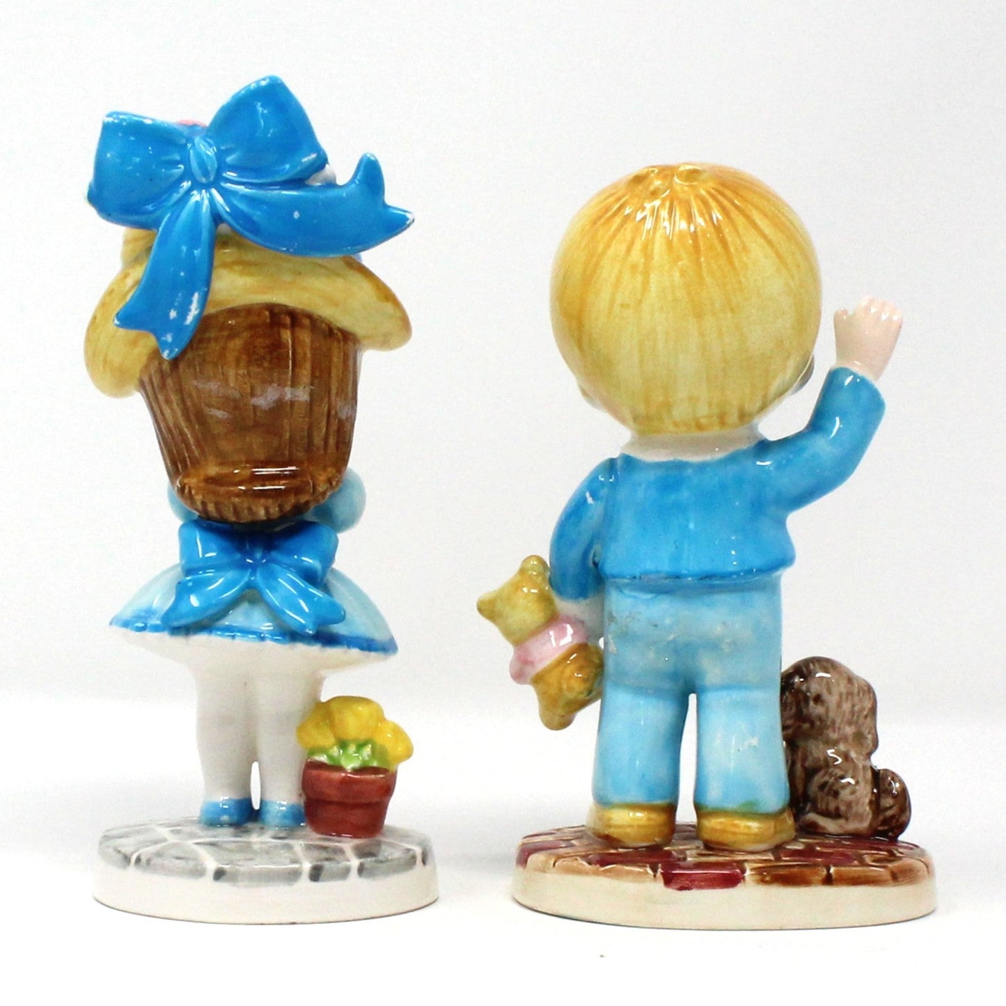 Figurines, Joan Walsh Anglund, Boy and Girl, 1981, Set of 2, Flower Girl, Teddy Bear Boy, Vintage