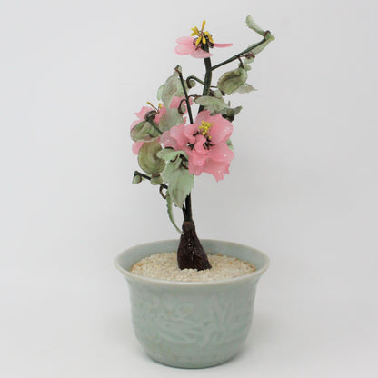 Sculpture, Jade Glass Bonsai Tree in Celadon Planter, Pink Floral / Green, Vintage (Imperfections))