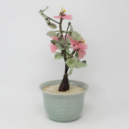 Sculpture, Jade Glass Bonsai Tree in Celadon Planter, Pink Floral / Green, Vintage (Imperfections))