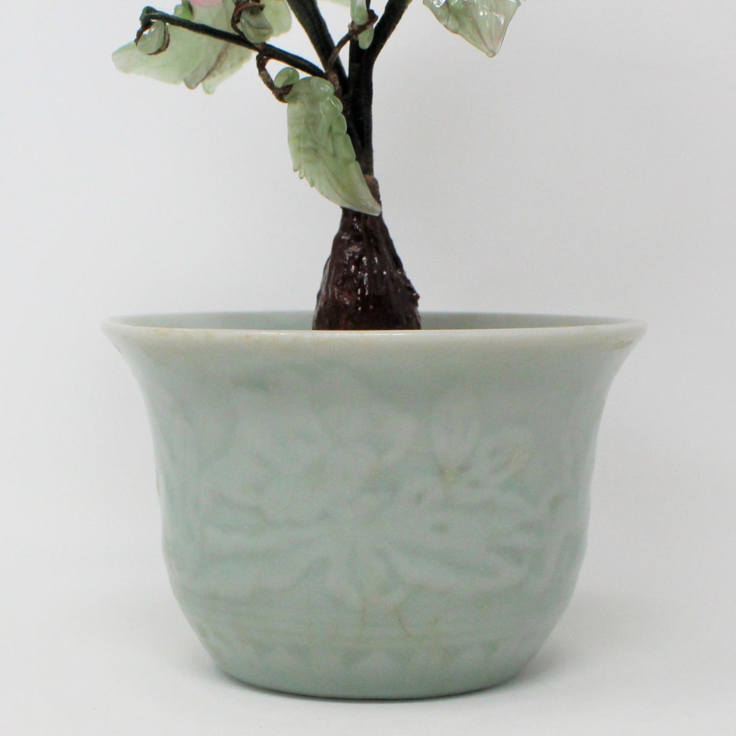 Sculpture, Jade Glass Bonsai Tree in Celadon Planter, Pink Floral / Green, Vintage (Imperfections))