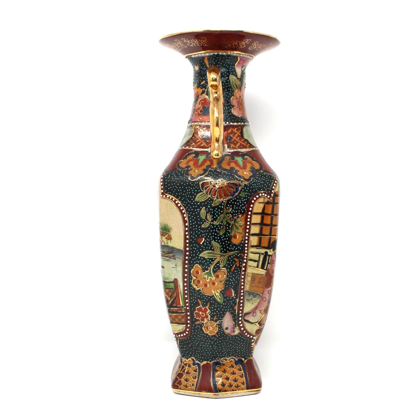 Vase, Royal Satsuma, Japanese Women Geishas, Double Dog Handles, Hand Painted, Moriage, Vintage