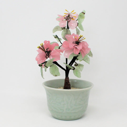 Sculpture, Jade Glass Bonsai Tree in Celadon Planter, Pink Floral / Green, Vintage