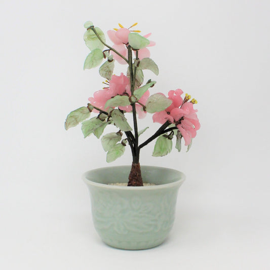 Sculpture, Jade Glass Bonsai Tree in Celadon Planter, Pink Floral / Green, Vintage