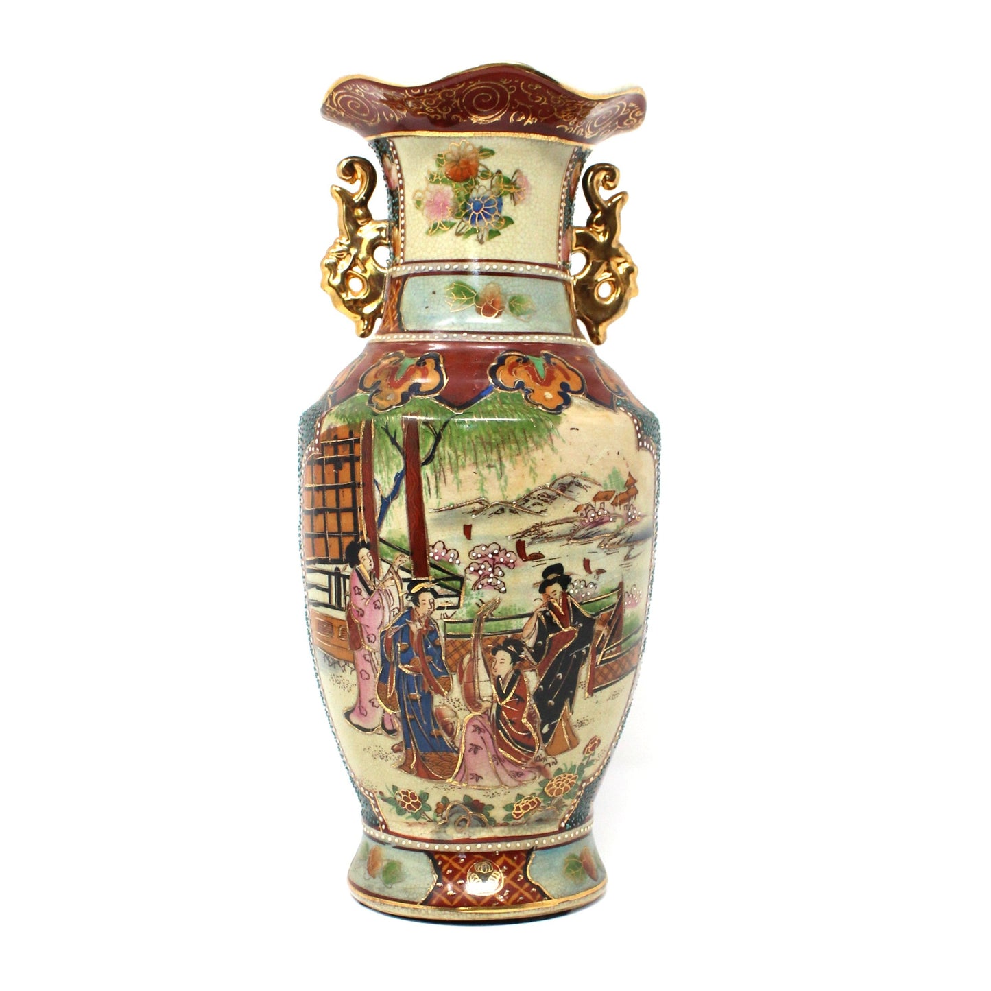 Vase, Royal Satsuma, Japanese Women Geishas, Double Elephant Handles, Hand Painted, Moriage, Vintage