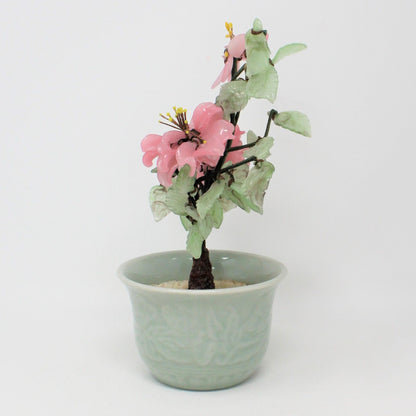 Sculpture, Jade Glass Bonsai Tree in Celadon Planter, Pink Floral / Green, Vintage