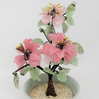 Sculpture, Jade Glass Bonsai Tree in Celadon Planter, Pink Floral / Green, Vintage