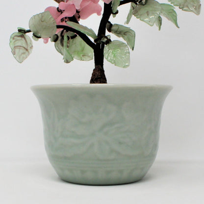 Sculpture, Jade Glass Bonsai Tree in Celadon Planter, Pink Floral / Green, Vintage