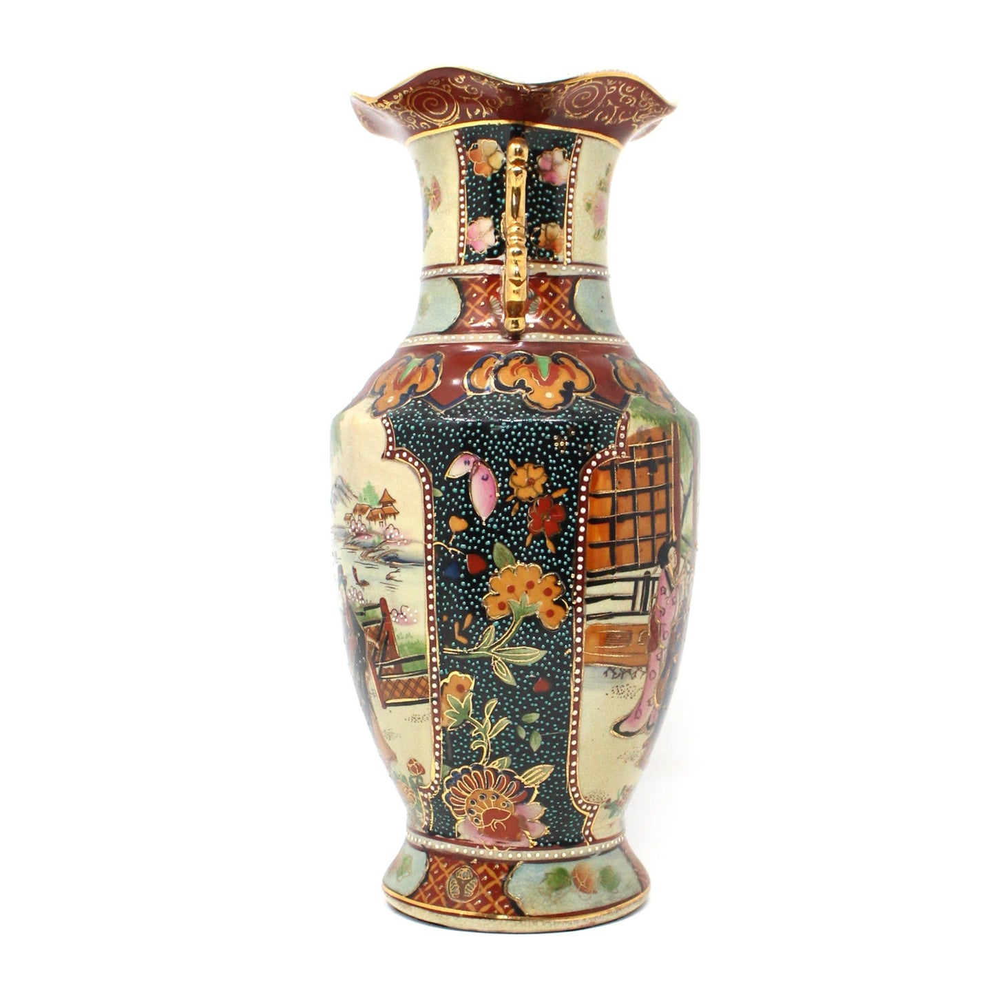 Vase, Royal Satsuma, Japanese Women Geishas, Double Elephant Handles, Hand Painted, Moriage, Vintage