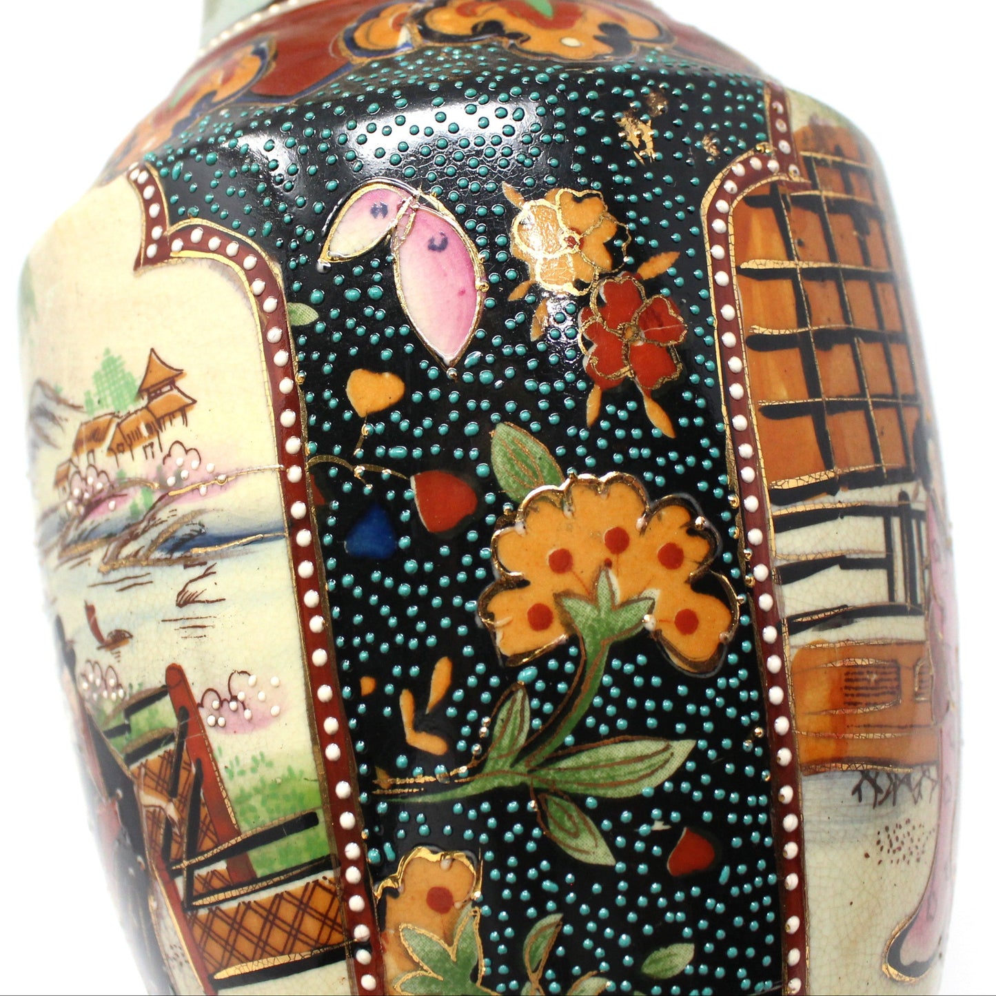 Vase, Royal Satsuma, Japanese Women Geishas, Double Elephant Handles, Hand Painted, Moriage, Vintage