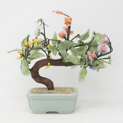 Sculpture, Jade Glass Bonsai Tree in Celadon Planter, Multicolor Floral, Vintage