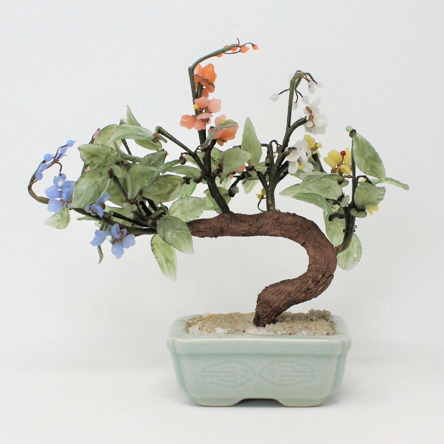 Sculpture, Jade Glass Bonsai Tree in Celadon Planter, Multicolor Floral, Vintage