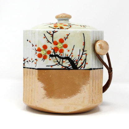 Tea Caddy, Gold Castle, Bamboo Handle, Lusterware, Hand Painted Chinoiserie, Vintage