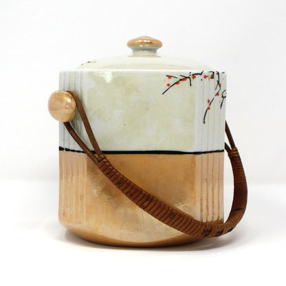 Tea Caddy, Gold Castle, Bamboo Handle, Lusterware, Hand Painted Chinoiserie, Vintage