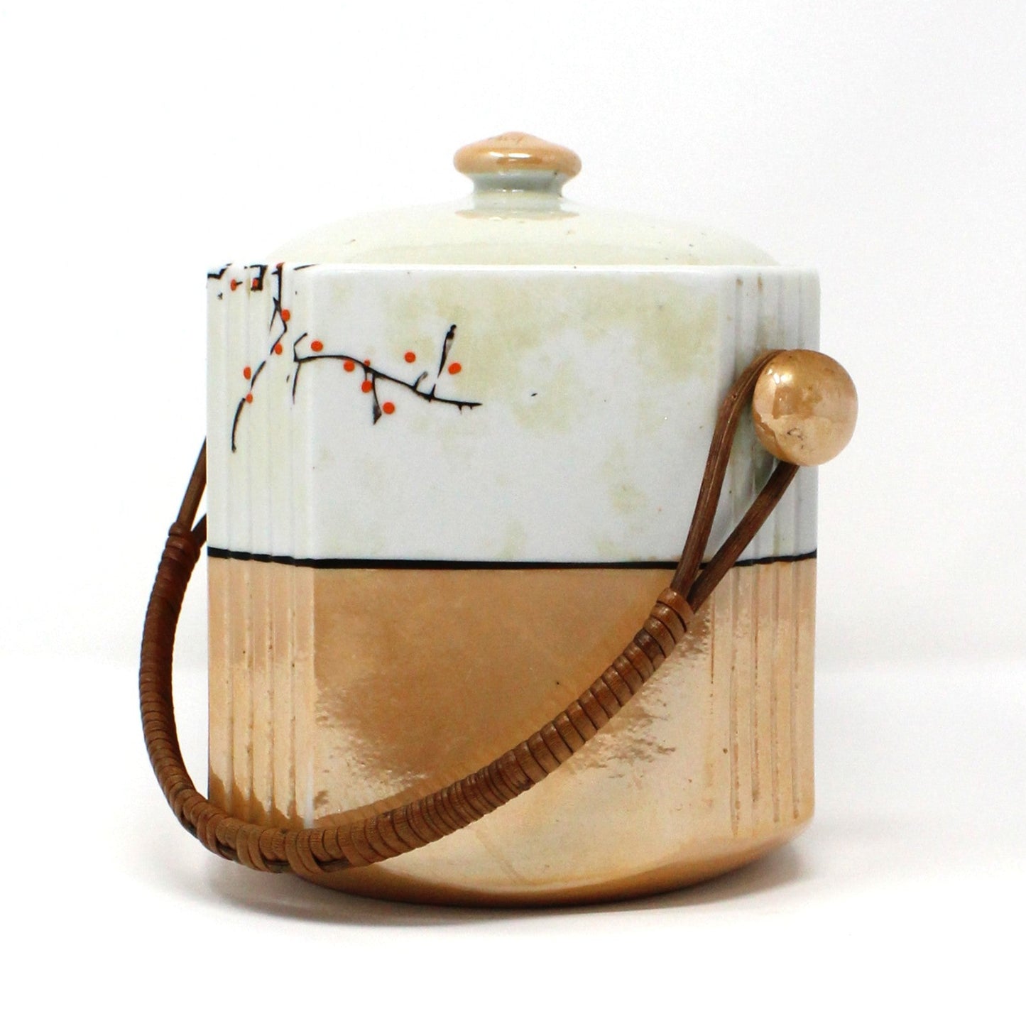 Tea Caddy, Gold Castle, Bamboo Handle, Lusterware, Hand Painted Chinoiserie, Vintage