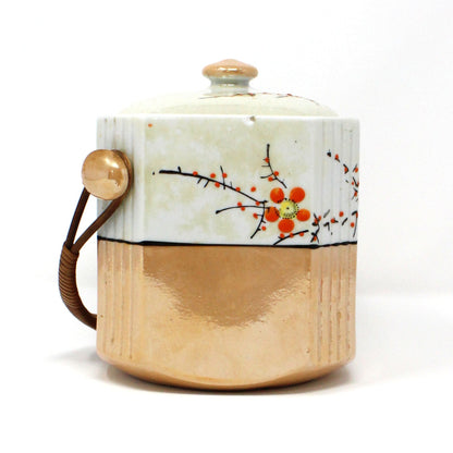 Tea Caddy, Gold Castle, Bamboo Handle, Lusterware, Hand Painted Chinoiserie, Vintage