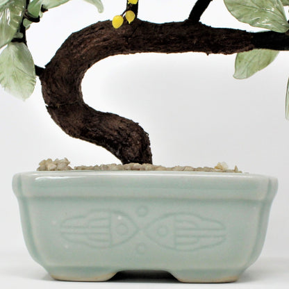 Sculpture, Jade Glass Bonsai Tree in Celadon Planter, Multicolor Floral, Vintage