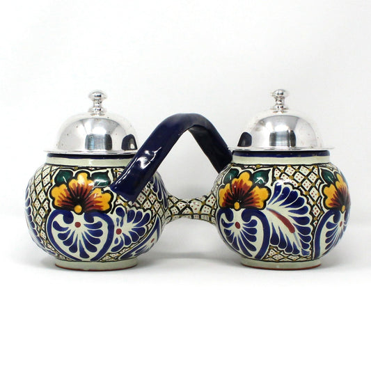 Condiment Set, IMP Puebla Mexico Talavera Pottery, Hand Painted Ceramic Artwork, Floral