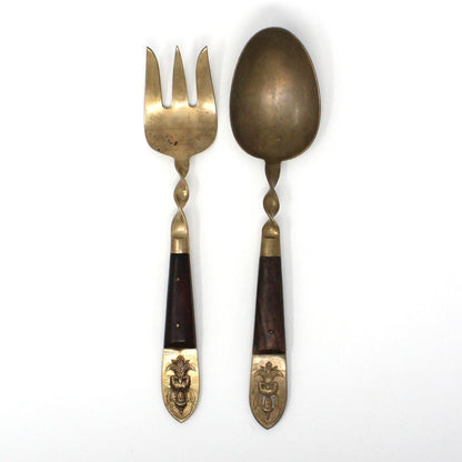 Salad Fork & Spoon Set, SBF, Brass Buddha with Teak Wood Handles, Serving Utensils, Vintage