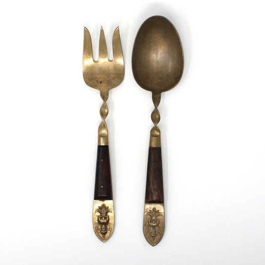 Salad Fork & Spoon Set, SBF, Brass Buddha with Teak Wood Handles, Serving Utensils, Vintage