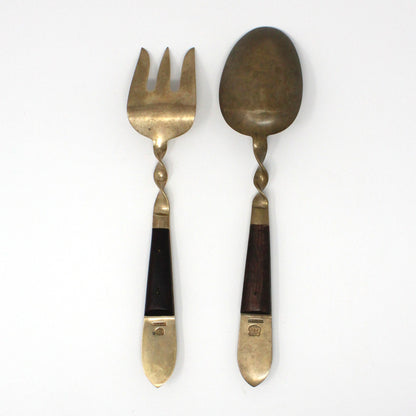 Salad Fork & Spoon Set, SBF, Brass Buddha with Teak Wood Handles, Serving Utensils, Vintage