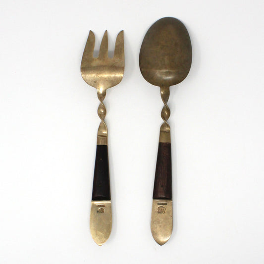 Salad Fork & Spoon Set, SBF, Brass Buddha with Teak Wood Handles, Serving Utensils, Vintage