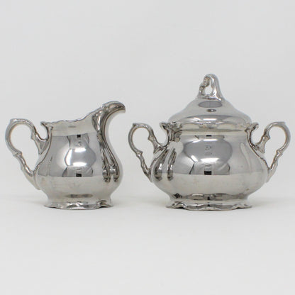 Creamer and Sugar with Lid, Waldershof, Porcelain with Silver Overlay, Bavaria Germany, Vintage