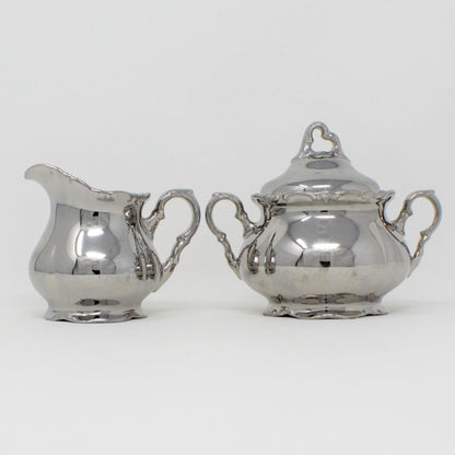 Creamer and Sugar with Lid, Waldershof, Porcelain with Silver Overlay, Bavaria Germany, Vintage