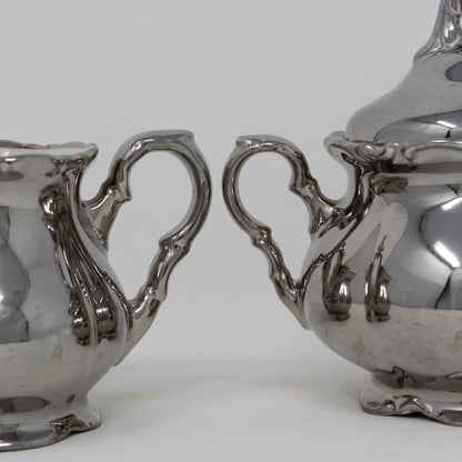 Creamer and Sugar with Lid, Waldershof, Porcelain with Silver Overlay, Bavaria Germany, Vintage