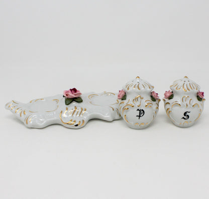 Salt and Pepper Shakers with Tray, Dresden Style, Hand Applied Pink Roses, Vintage