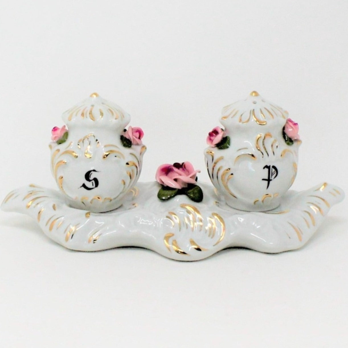 Salt and Pepper Shakers with Tray, Dresden Style, Hand Applied Pink Roses, Vintage