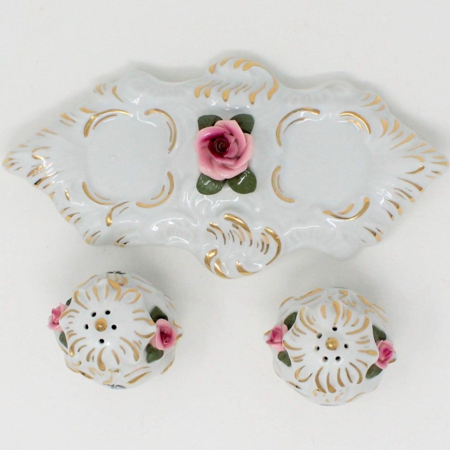 Salt and Pepper Shakers with Tray, Dresden Style, Hand Applied Pink Roses, Vintage