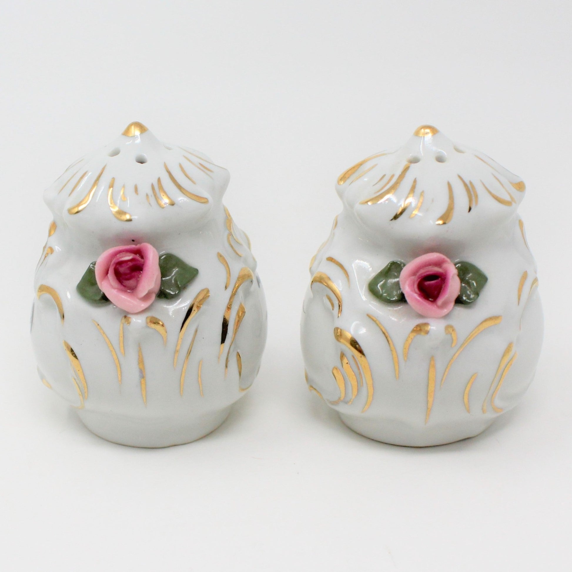 Salt and Pepper Shakers with Tray, Dresden Style, Hand Applied Pink Ro –  Antigo Trunk