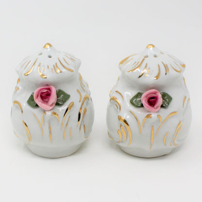 Salt and Pepper Shakers with Tray, Dresden Style, Hand Applied Pink Roses, Vintage
