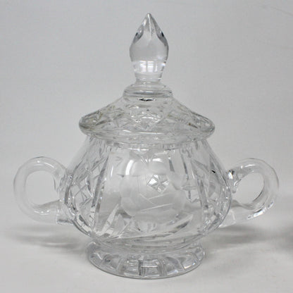 Creamer and Sugar with Lid, American Cut Glass, Vega Pattern Etched Rose, Vintage