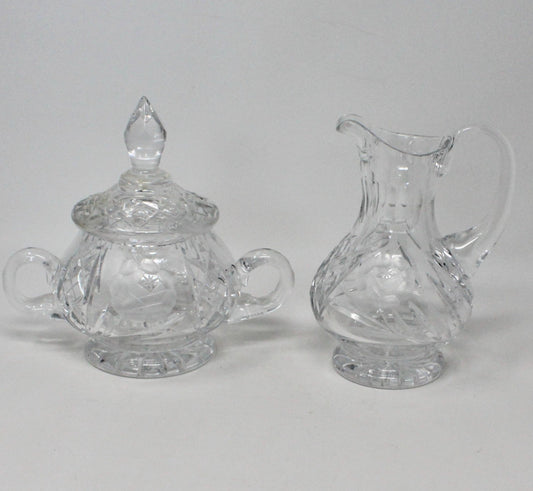 Creamer and Sugar with Lid, American Cut Glass, Vega Pattern Etched Rose, Vintage