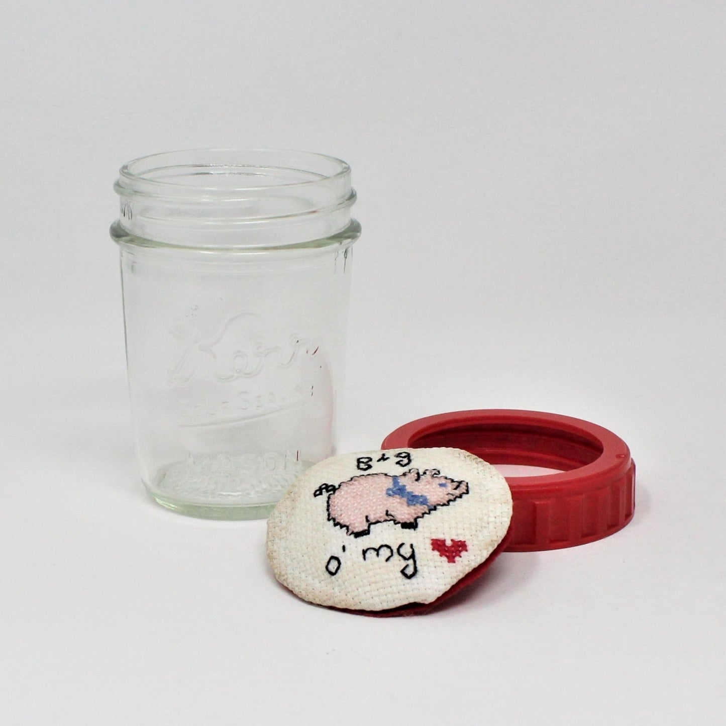 Canning Jar, Kerr Self Sealing Mason, Cross-Stitch Piggy, Vintage